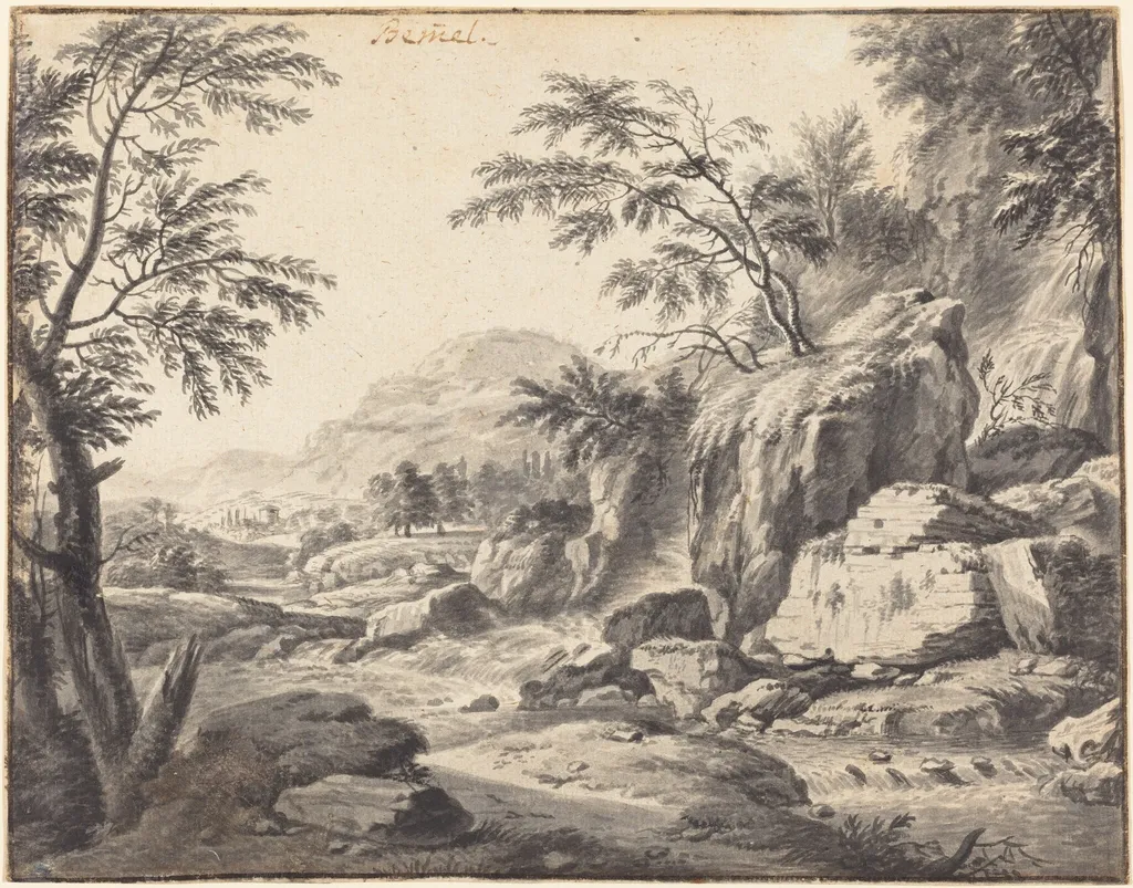 Classical Landscape with a Waterfall, by Wilhelm von Bemmel, ink, 1660