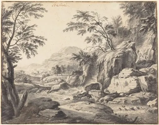 Classical Landscape with a Waterfall, by Wilhelm von Bemmel, ink, 1660