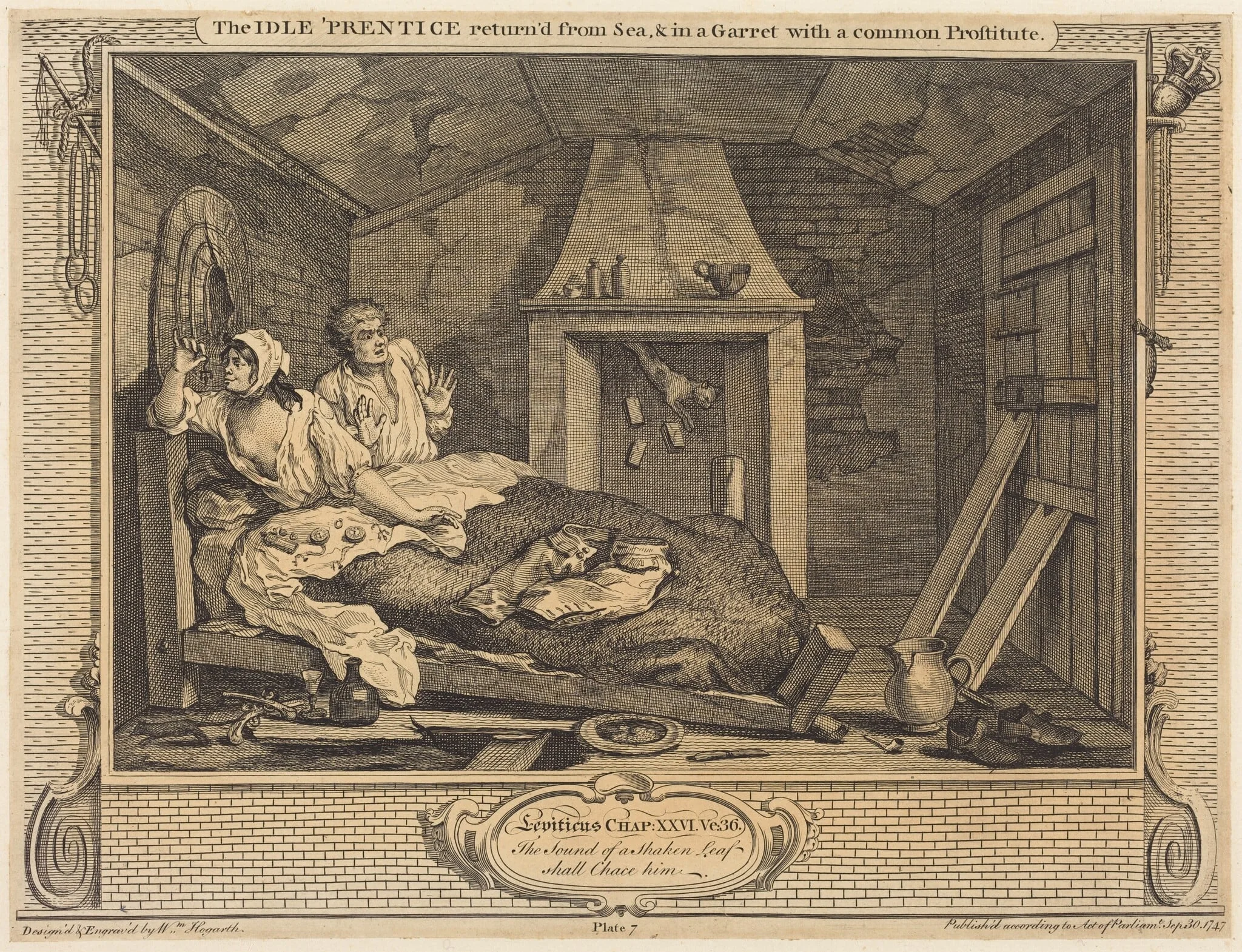 The Idle 'Prentice return'd from Sea & in a Garret with a common Prostitute, detail