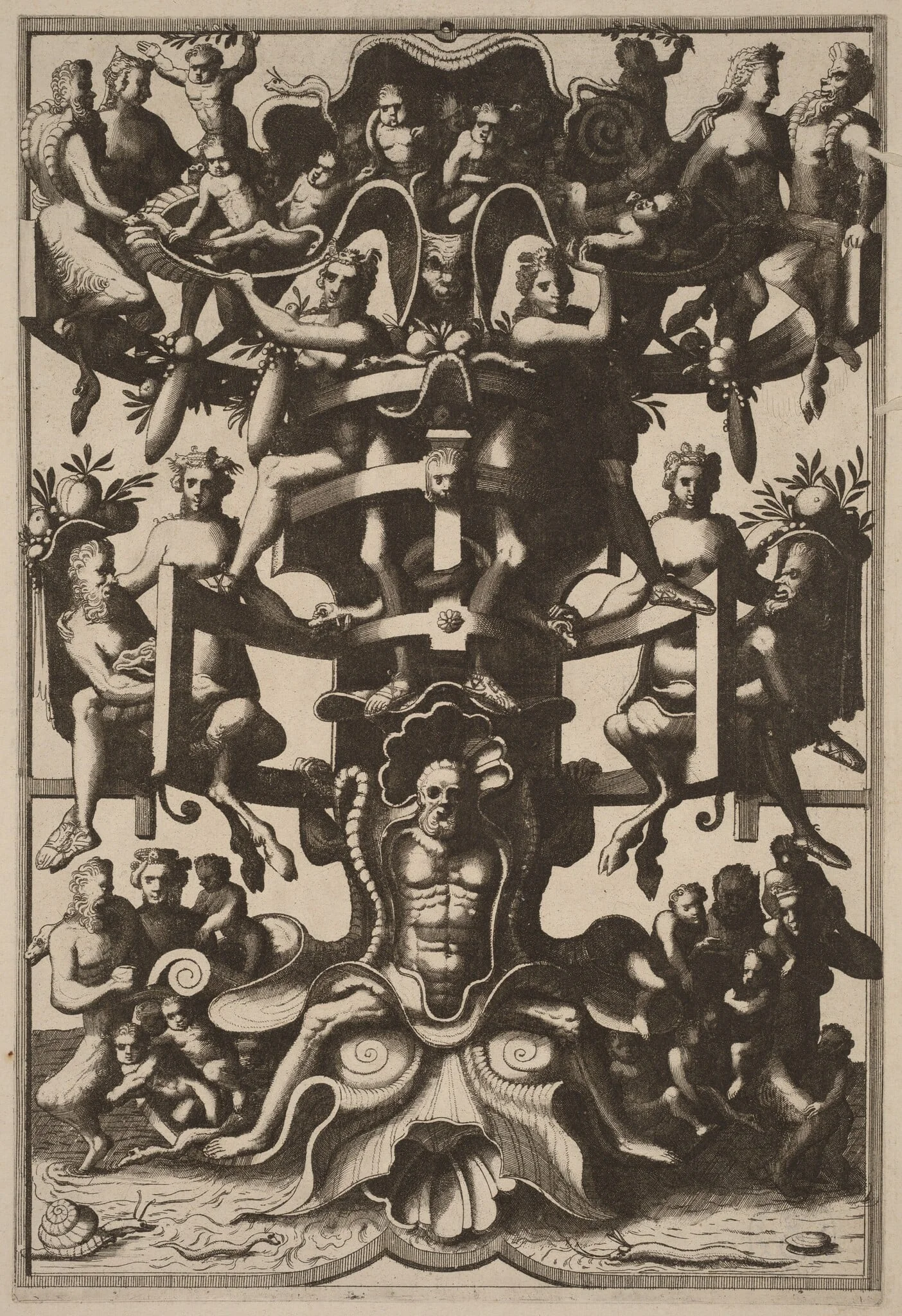 Man Sitting on an Auricular Mask, Supporting a Strapwork Frame on his Shoulders, detail