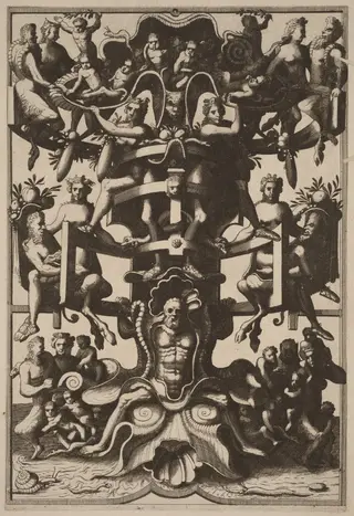 Man Sitting on an Auricular Mask, Supporting a Strapwork Frame on his Shoulders, by Johannes van Doetechum the Elder, ink, 1557