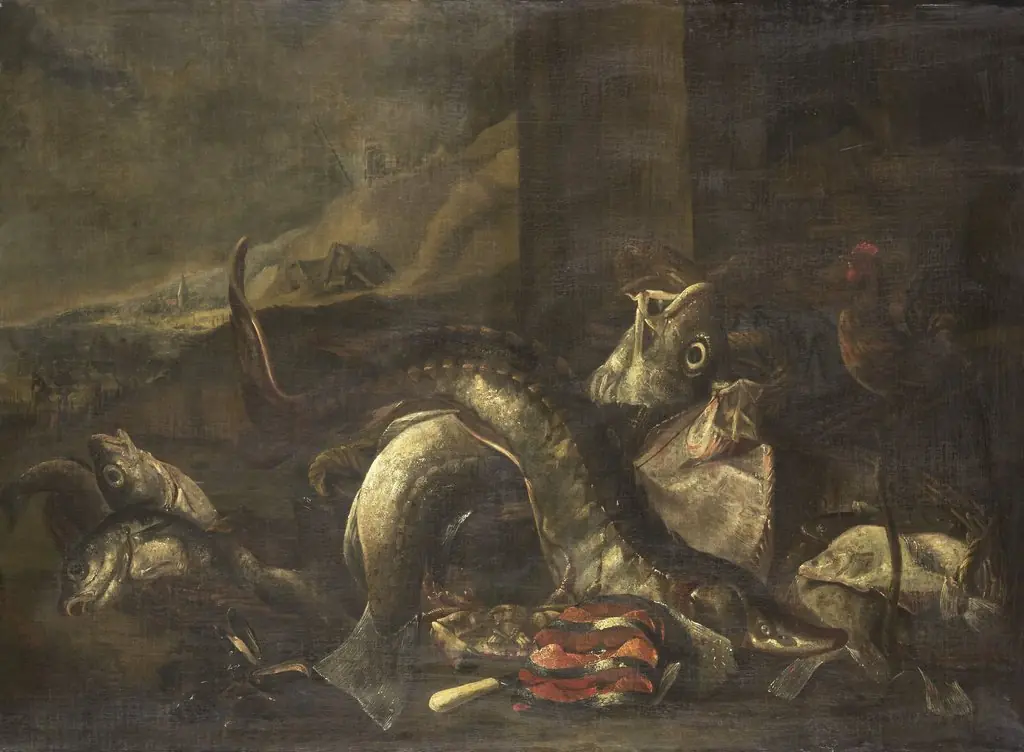 Still Life with Fish, by R. van Burgh, oil, 1690