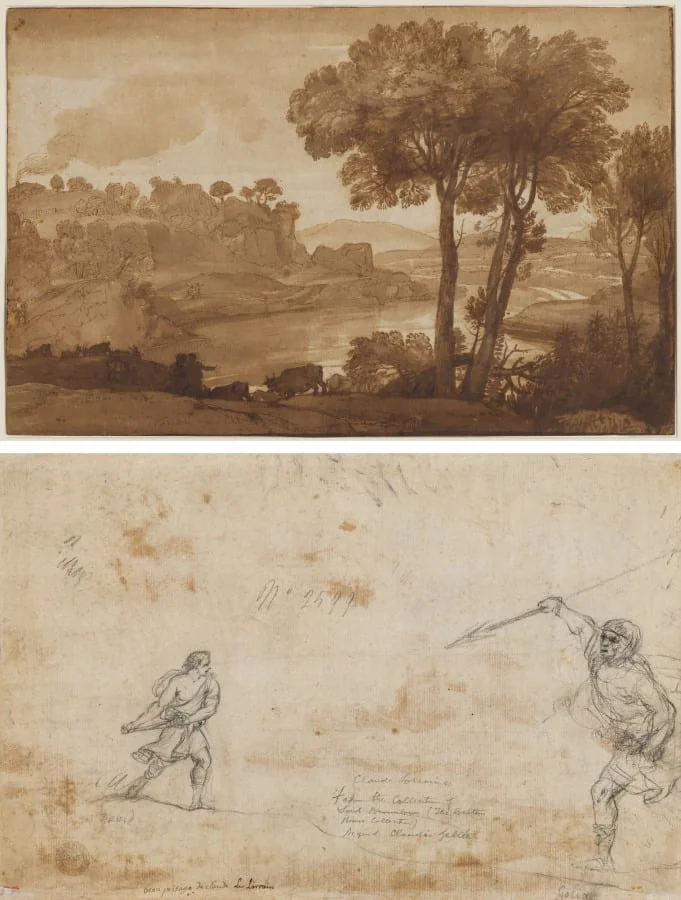View of the Acqua Acetosa (recto); David and Goliath (verso), detail
