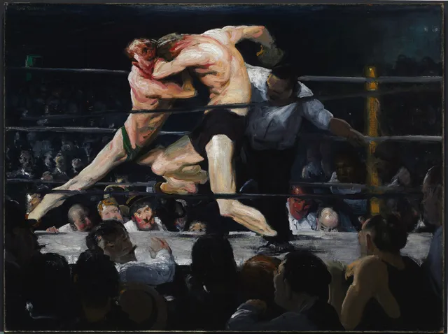 Stag at Sharkey's, 1909. The two boxers lock at the head into a single arched mass while the ring floor, the brightest plane in the painting, pushes them toward the viewer.