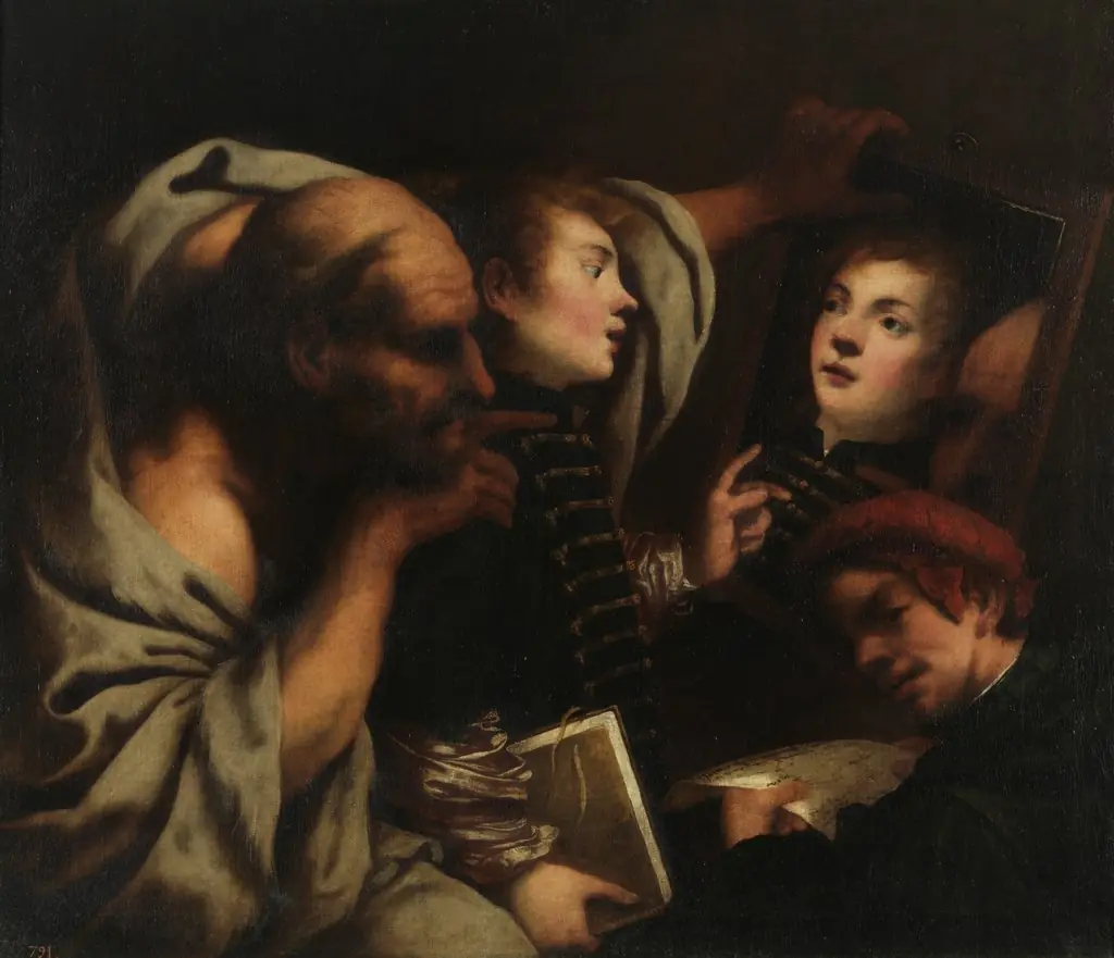 Socrates and two students, by Pietro della Vecchia, oil, 1601
