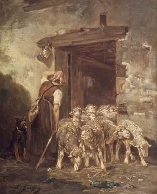 Leaving the Sheep Pen, by Charles-Émile Jacque, oil, 1890