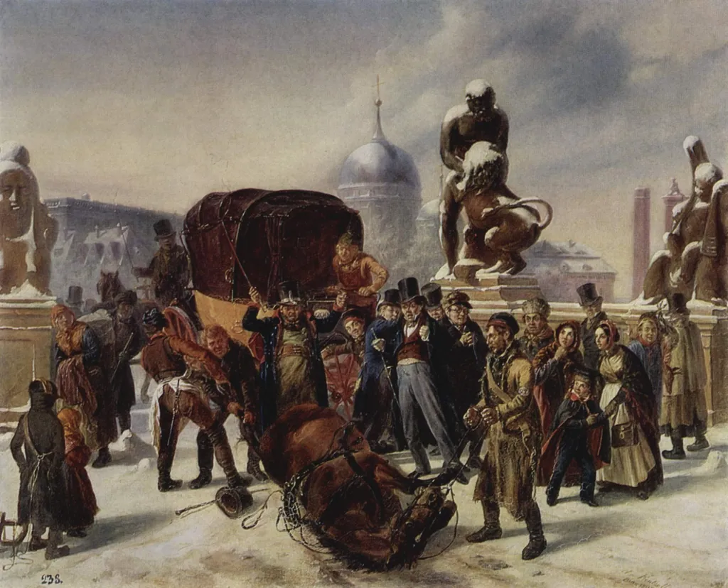 Straßenszene auf der Herkulesbrücke, Berlin, by August von Rentzell, oil, 1841