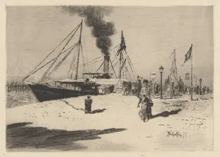 Embarcadere à Trouville (Wharf at Trouville), by Félix-Hilaire Buhot, ink, 1877