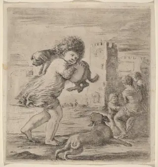 Child Carrying a Puppy, by Stefano Della Bella, ink, 1637