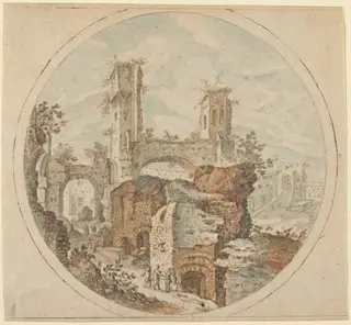 Travellers among Roman Ruins, by Pieter Stevens, ink, 1596
