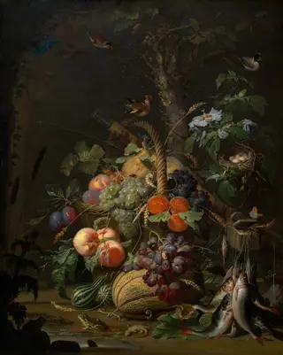 Still Life with Fruit, Fish, and a Nest, by Abraham Mignon, oil, 1675
