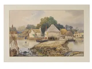 Watermill and Cottages, Stoke Gabriel, Devonshire, by George Whitaker, watercolor, 1865