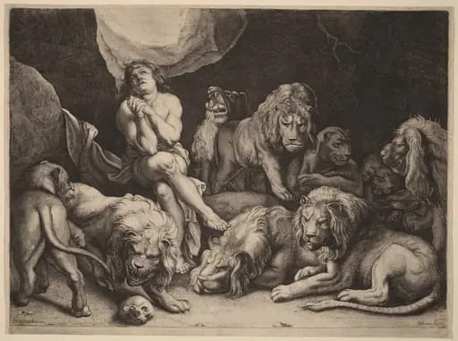Daniel in the Lions' Den, by Willem van der Leeuw, ink, 1645