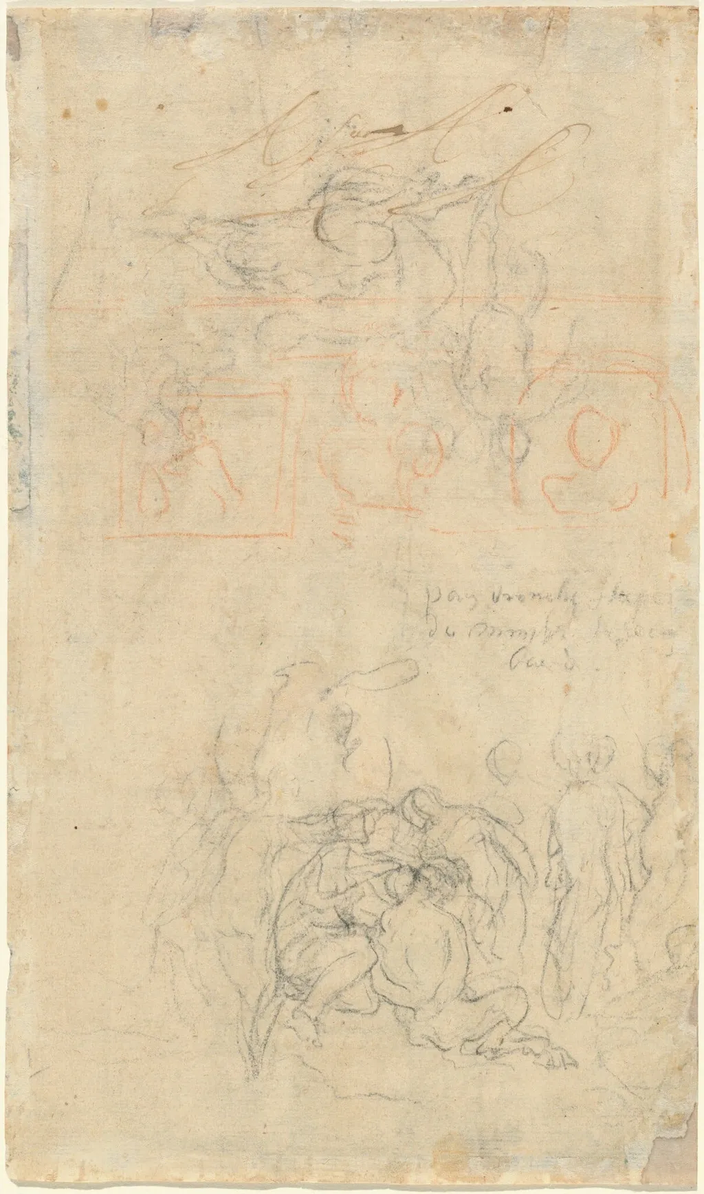 Sheet of Studies with the Drunken Pan and Nymphs [verso], by Jacob Jordaens, chalk, 1636
