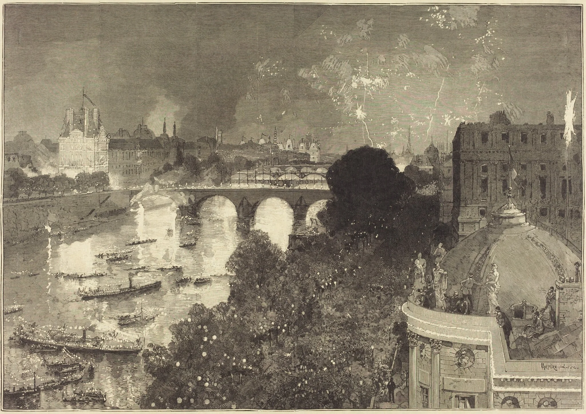 Le 14 Juillet. Illumination de la Seine du Pont Neuf au Pont au Change, detail