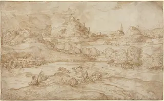 Landscape with Shepherds Driving Away a Wolf, by Domenico Campagnola, ink, 1540