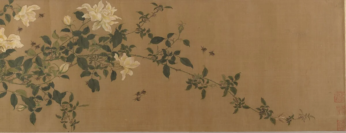 清 佚名 趙昌(僞款) 蜂王圖 卷|Yellow Roses and Bees, Pink Roses and Wasps, detail