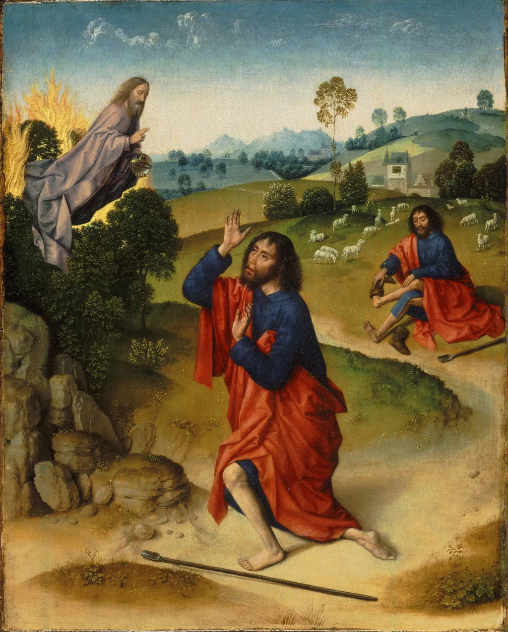 Moses and the Burning Bush, with Moses Removing His Shoes, by Dieric Bouts, oil, 1465