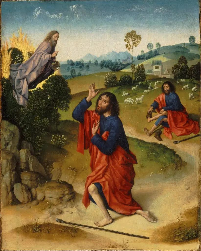 Moses and the Burning Bush, with Moses Removing His Shoes, by Dieric Bouts, oil, 1465