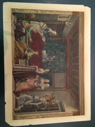 Copy after the Birth of St John the Baptist, Domenico Ghirlandaio in the Tornabuoni Chapel, Santa Maria Novella (Florence), by Domenico Ghirlandaio, watercolor
