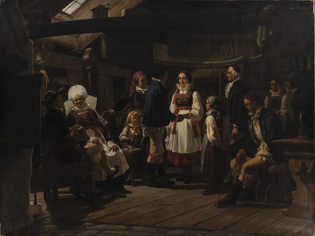 En trolovelse i Herrestad i Skåne, by Niels Simonsen, oil, 1862