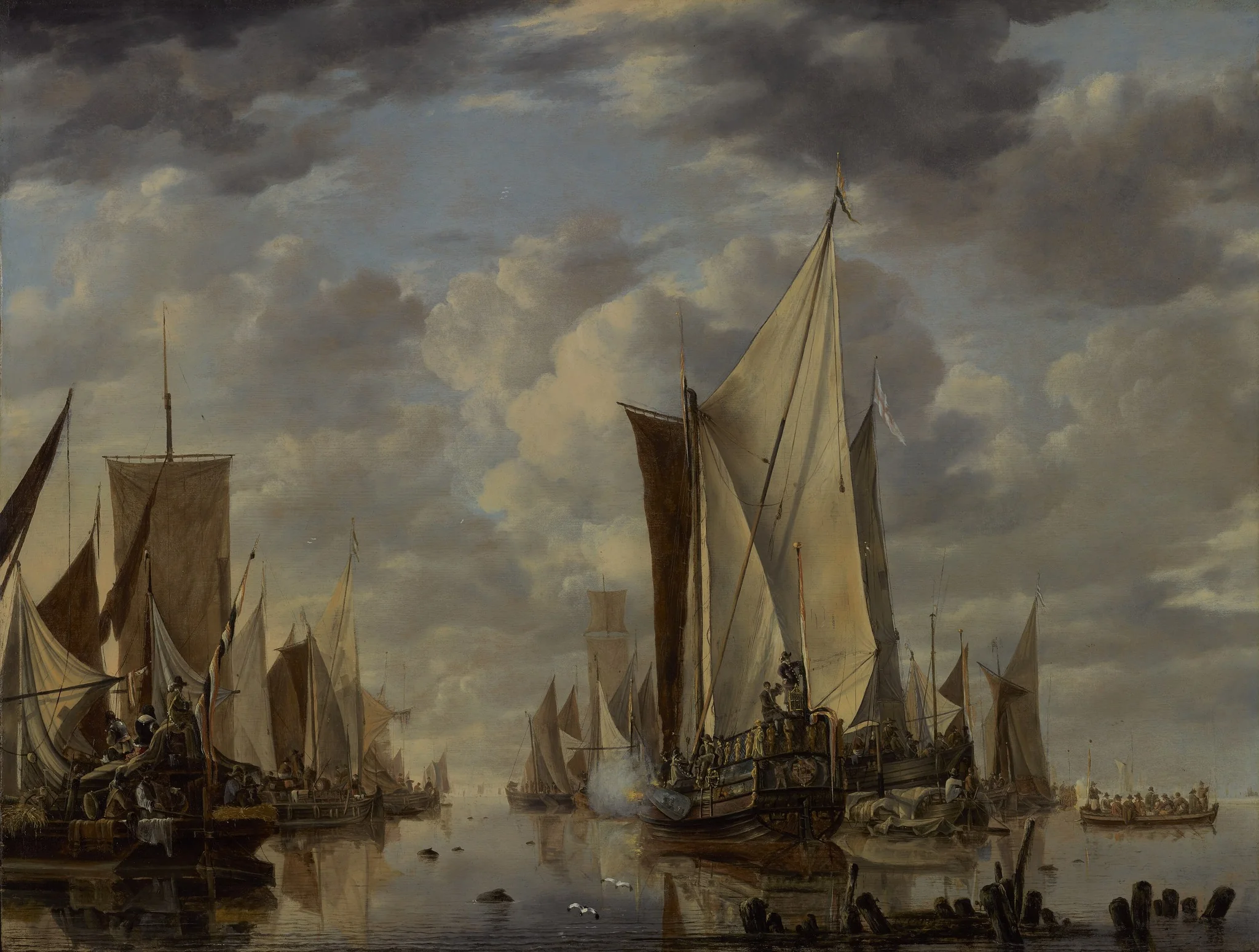 Shipping in a Calm at Flushing with a States General Yacht Firing a Salute, detail