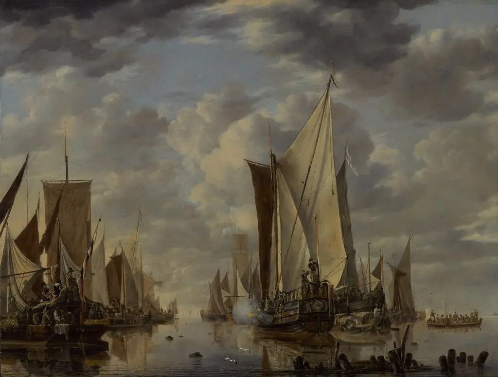 Shipping in a Calm at Flushing with a States General Yacht Firing a Salute, by Jan van de Cappelle, oil, 1649