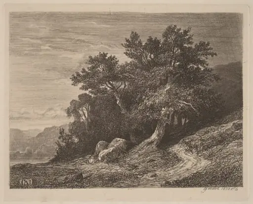 Ancient Trees on a Hillside, by Alexandre Calame, ink, 1838