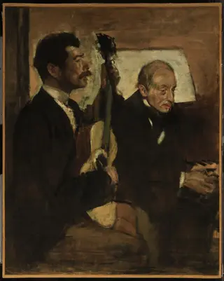 Degas's Father Listening to Lorenzo Pagans Playing the Guitar, by Edgar Degas, oil, 1870