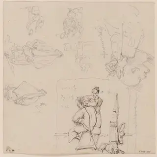 A barber and customer, and other figure sketches, by George Chinnery, 14
