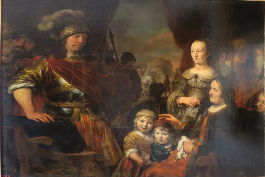 Coriolanus's Mother and Wife Begging Him to Spare Rome, by Gerbrand van den Eeckhout, oil, 1662