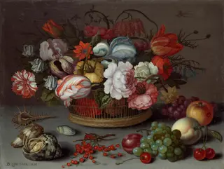 Basket of Flowers, by Balthasar van der Ast, oil, 1622