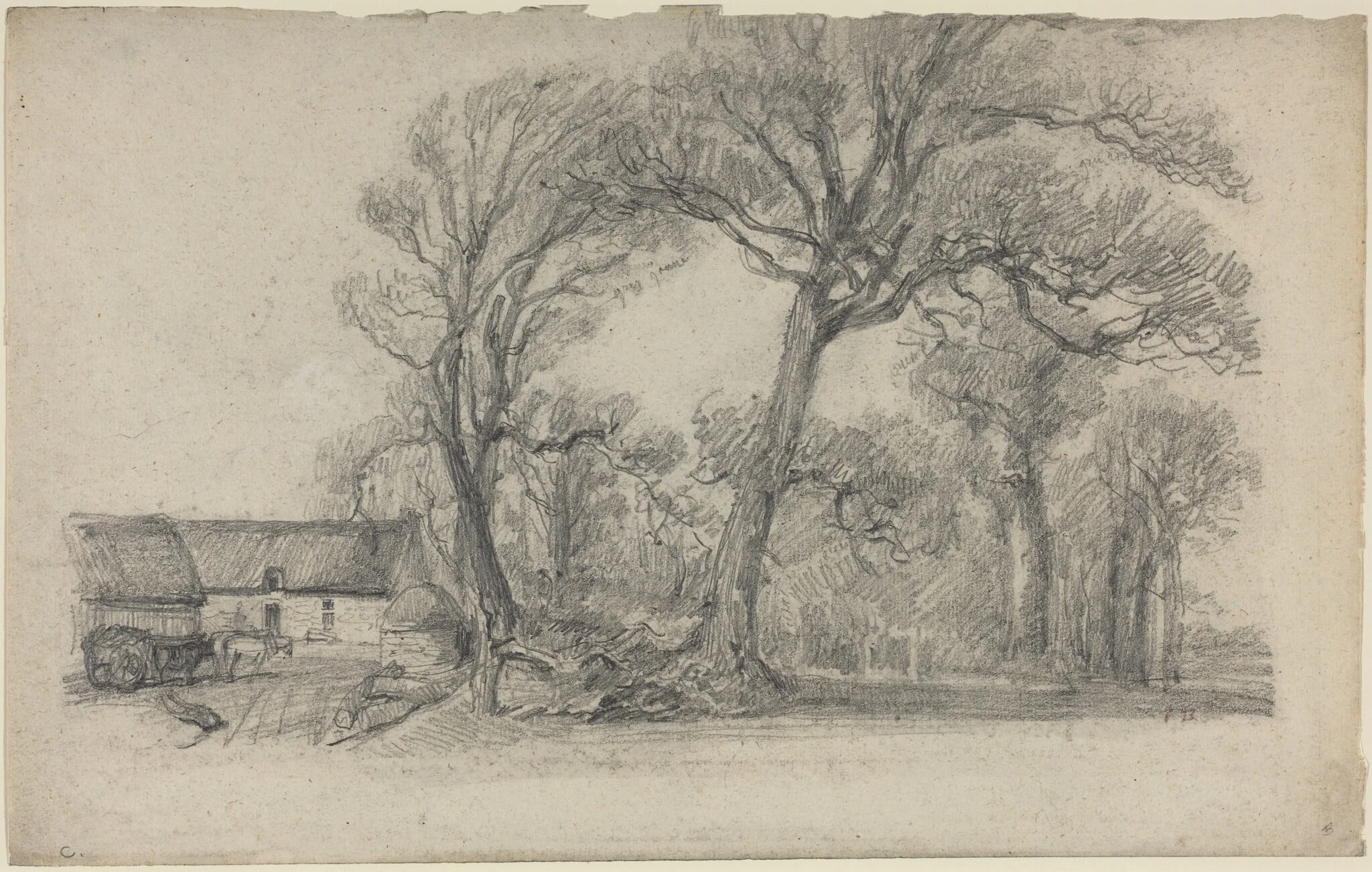Landscape with Trees, Cottage, and Farm Wagon, detail