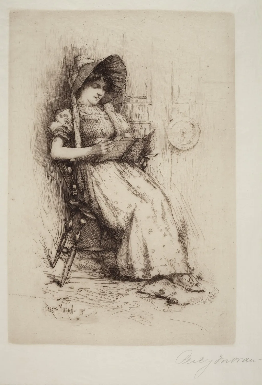 Untitled (Young Girl With Hat, In Chair, Reading), by Edward Percy Moran, ink, 1884