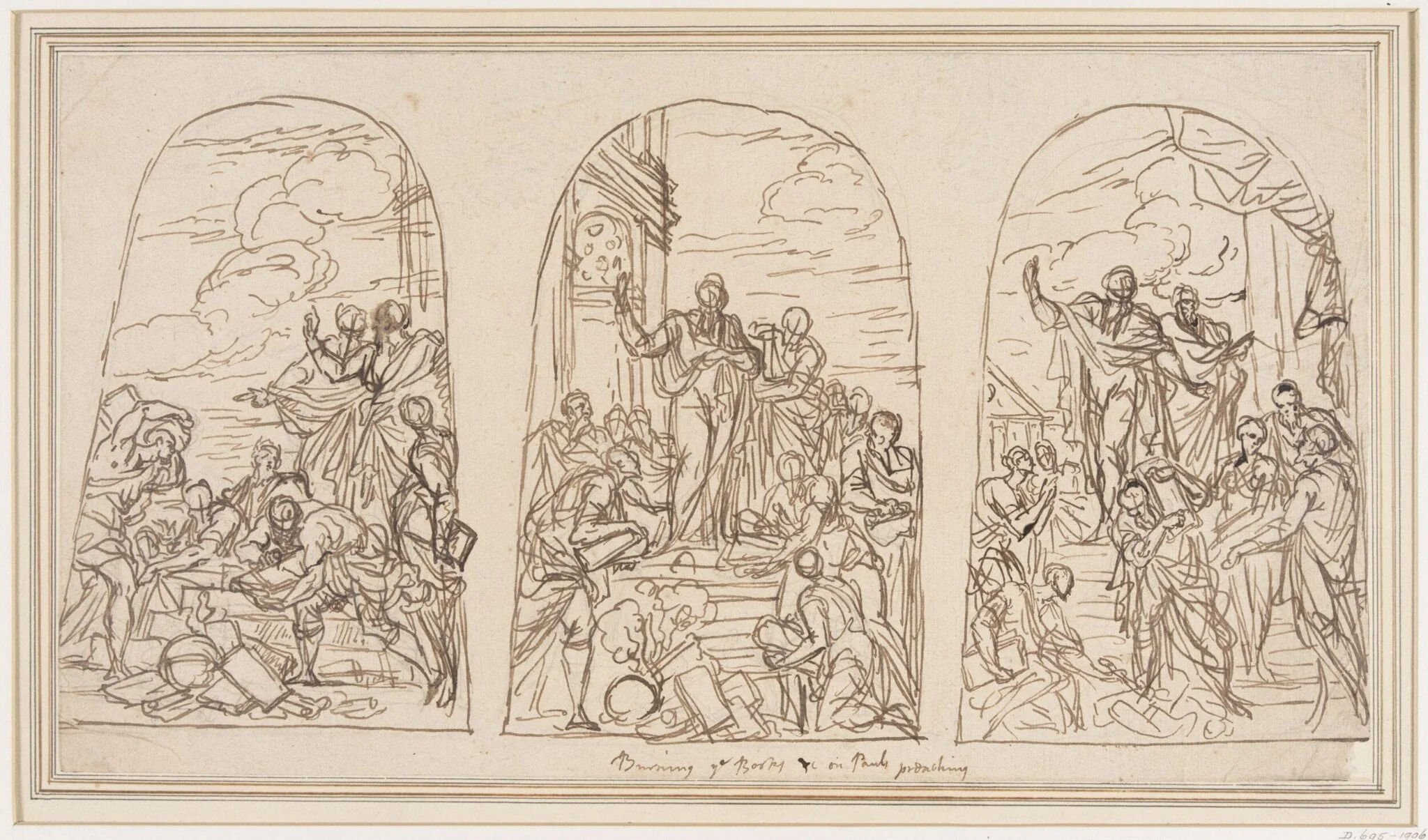 Three preparatory studies for the Burning of the Books at Ephesus, detail