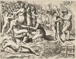 Flora and Her Nymphs, by Giulio Bonasone, ink, 1546