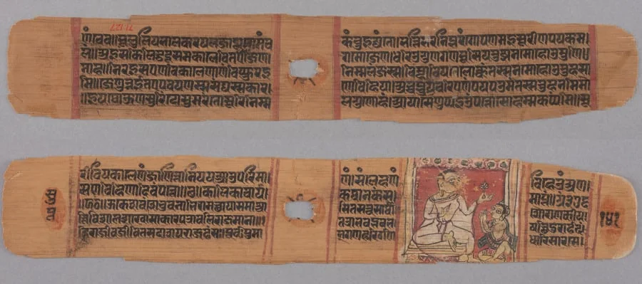 Folio 141, from a Kalpa-sutra and Story of Kalakacharya: Text (recto); Monk Holding a Flower Venerated by a Lay disciple (verso), detail