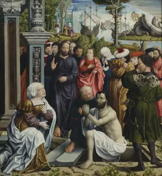 The Raising of Lazarus, by Master of the Legend of the Magdalene, oil, 1517