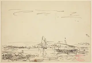 A Cove with a Sailboat, by Félix Ziem, ink, 1866
