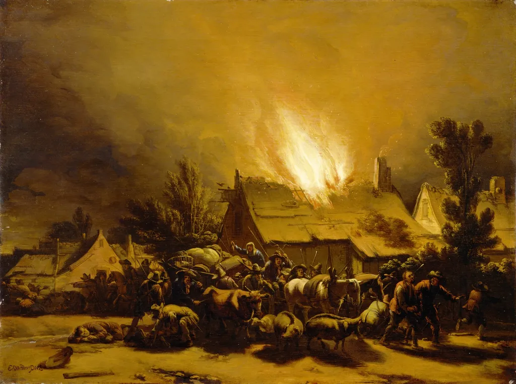 Peasants Fleeing a Burning Barn, by Egbert van der Poel, oil, 1655