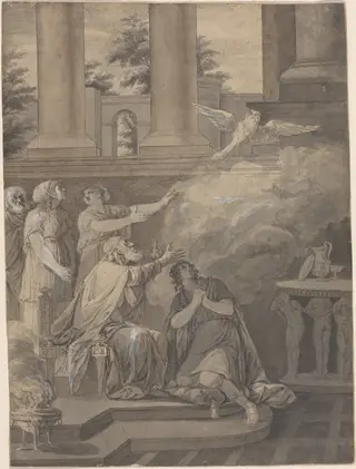 Pallas Athene in the Form of a Bird Leaving Nestor and Telemachus, by Jean-Jacques-François Le Barbier I, ink, 1780