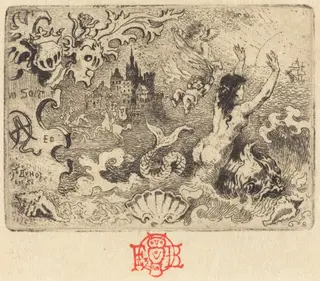 Jacques Cazotte's "Le Diable amoureux" (2nd vignette), by Félix-Hilaire Buhot, ink, 1878