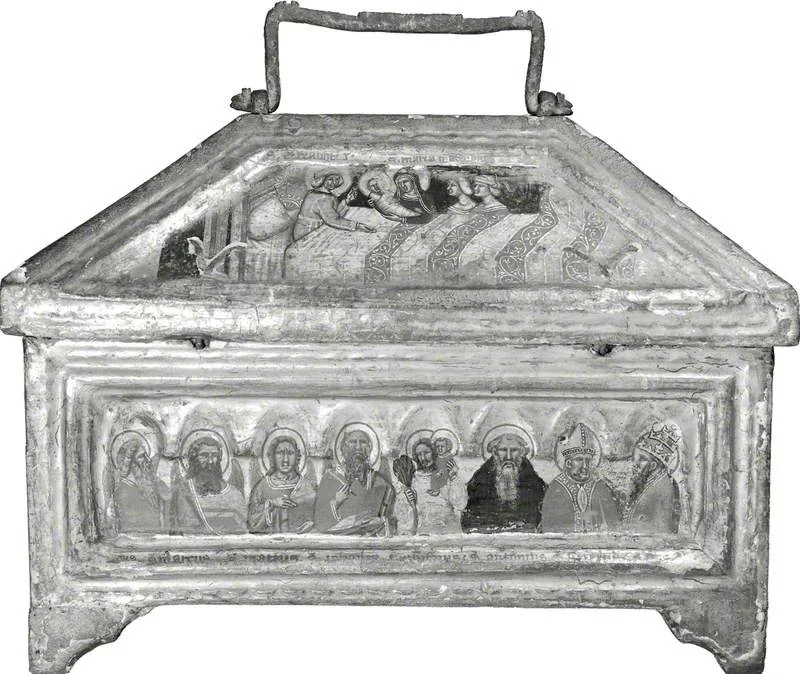 The Virgin and Saint Elizabeth with the Infant Saint John (casket lid, back); The Four Evangelists with Saint Christopher, Saint Anthony Abbot, Saint Liberius (casket, back), detail