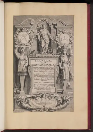 Title Page for Biblia Sacra Cvm Glossa Ordinaria, by Hans the Younger Collaert, ink