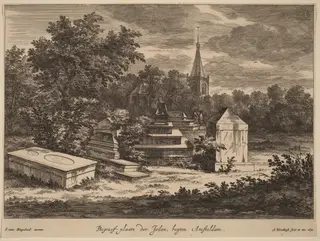 Begraef-plaets der Joden, buyten Amsteldam (Jewish Cemetery outside Amsterdam), by Abraham Blooteling, ink, 1670