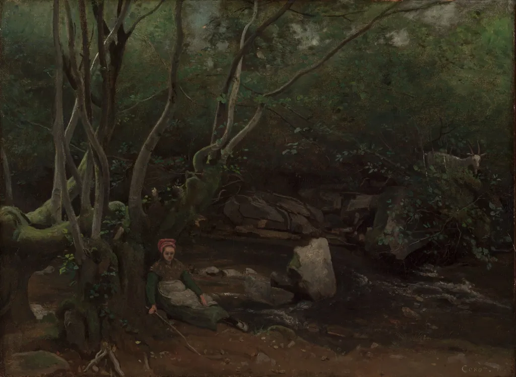 Lormes:  Goat-Girl Sitting Beside a Stream in a Forest, by Jean Baptiste Camille Corot, oil, 1842