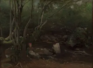 Lormes:  Goat-Girl Sitting Beside a Stream in a Forest, by Jean Baptiste Camille Corot, oil, 1842
