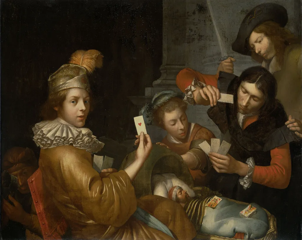 The card game on the cradle: allegory, by Johannes van Wijckersloot, oil, 1650