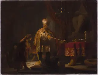 Daniel and Cyrus Before the Idol Bel, by Rembrandt van Rijn, oil, 1633