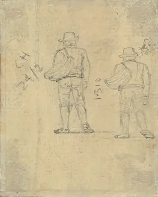 Two Studies of a Figure Holding a Basket [verso], by John Varley, graphite, 1810
